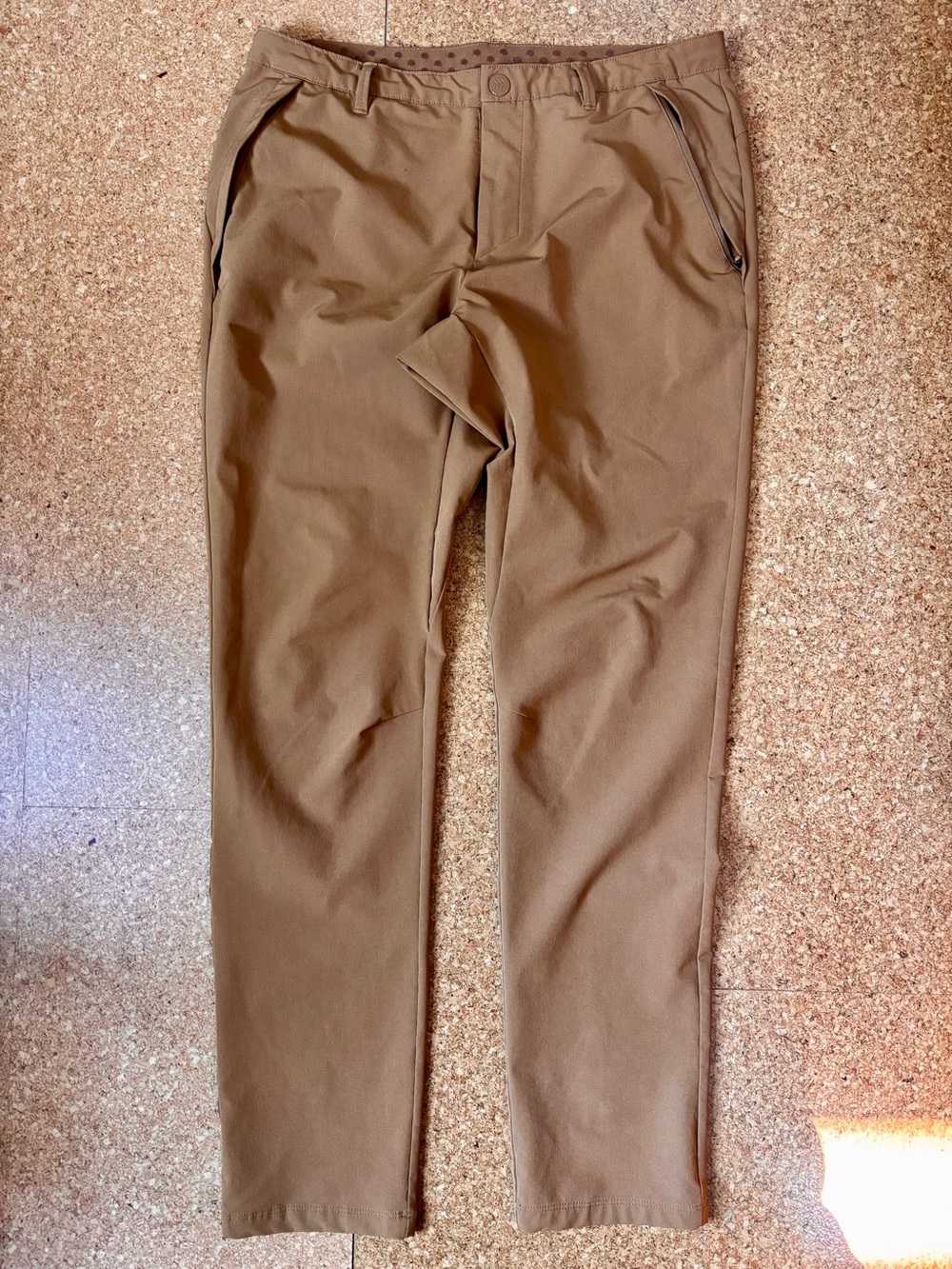 Men's tan camel Casual Stretch athleisure performance slim fit pants.